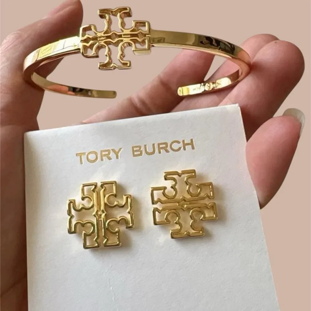 Tory Burch Miller Gold Logo bracelet Cuff  and Stud earrings Set